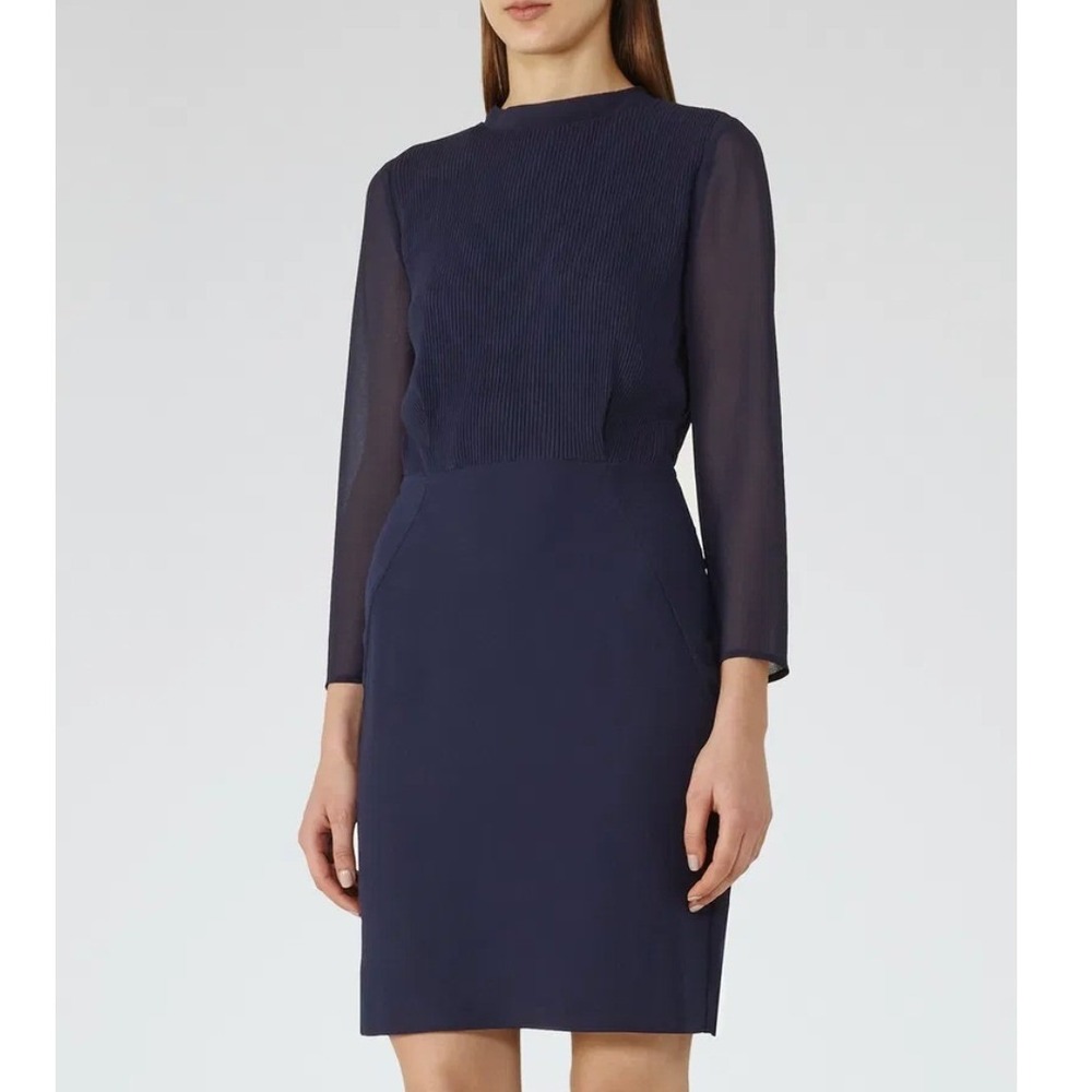 Reiss Coralie Navy Blue Plisse Panel Dress Women's US 8 Sheer Sleeve Pleated‎